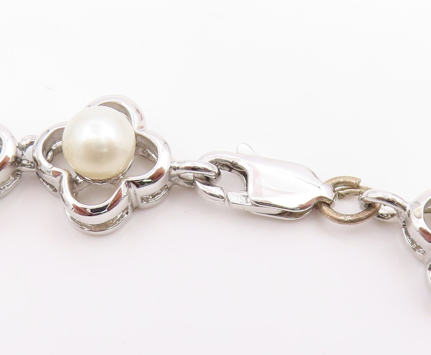 925 Sterling Silver Vintage Necklace White Pearl Elegant Floral Chain  NE4811