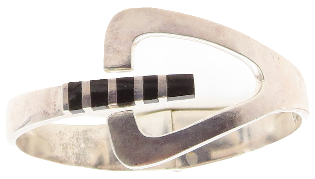 MEXICO 925 Sterling Silver  Vintage Black Onyx Striped Bangle Bracelet  BT1381