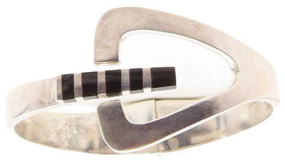 MEXICO 925 Sterling Silver  Vintage Black Onyx Striped Bangle Bracelet  BT1381