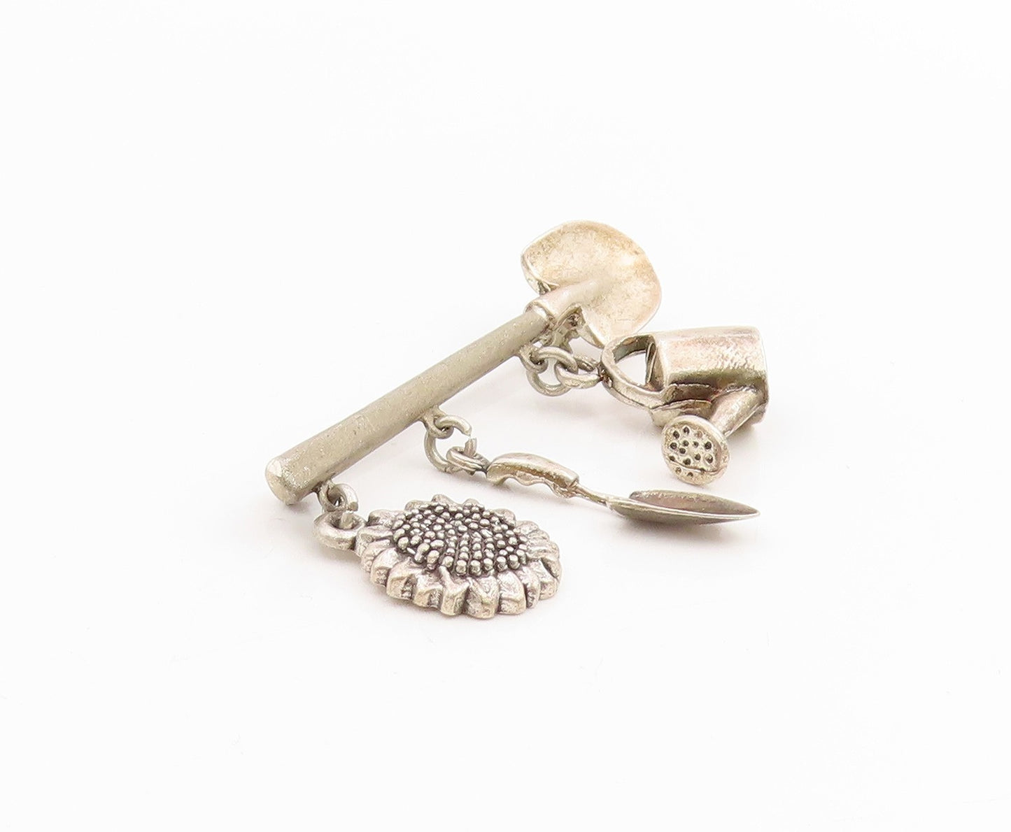 925 Sterling Silver Vintage Brooch Themed Watering Can Shovel Sunflower  BP11983