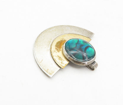 925 Sterling Silver & GOLD  Vintage Abalone Shell Two Tone Pendant  PT6469