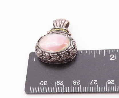 925 Sterling Silver Vintage Pendant Mother Of Pearl Etched Floral Design PT24869