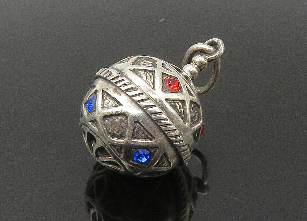 925 Sterling Silver  Vintage Red & Blue Topaz Hollow Sphere Pendant  PT18340