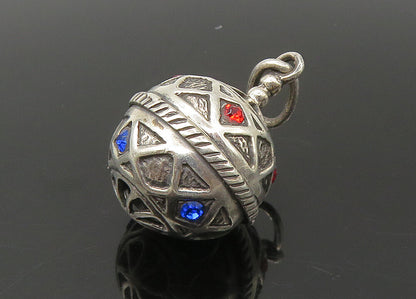 925 Sterling Silver  Vintage Red & Blue Topaz Hollow Sphere Pendant  PT18340