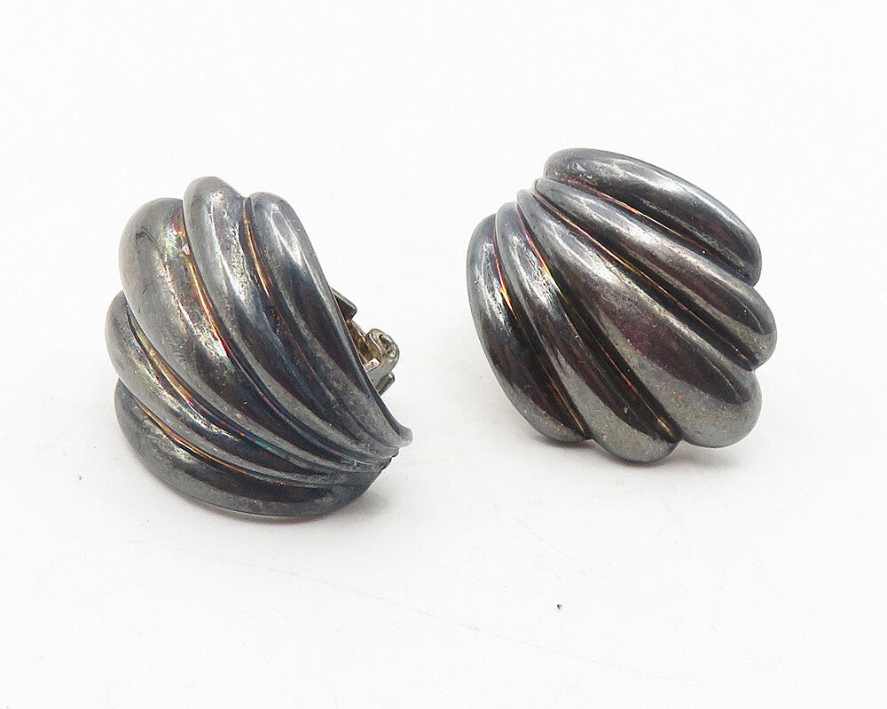 925 Sterling Silver  Vintage Dark Tone Scalloped Non Pierce Earrings  EG6073