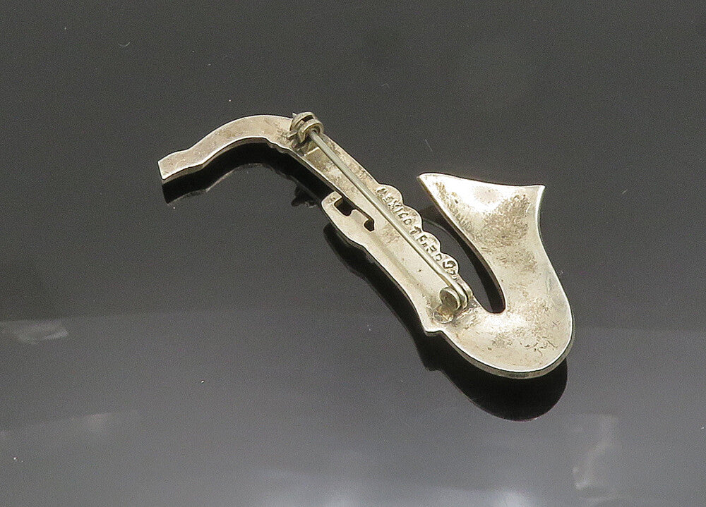 MEXICO 925 Sterling Silver  Vintage Two Tone Saxophone Brooch Pin  BP7855