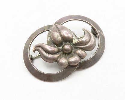 925 Sterling Silver  Vintage Dark Tone Flower Open Circles Brooch Pin  BP4953