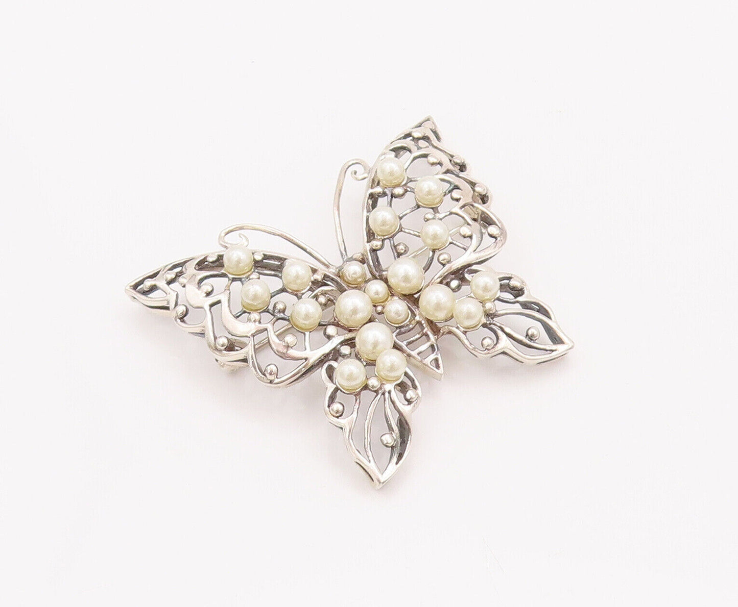 925 Sterling Silver Vintage Brooch Pin Swirly Cut Beaded Pearl Butterfly BP10820