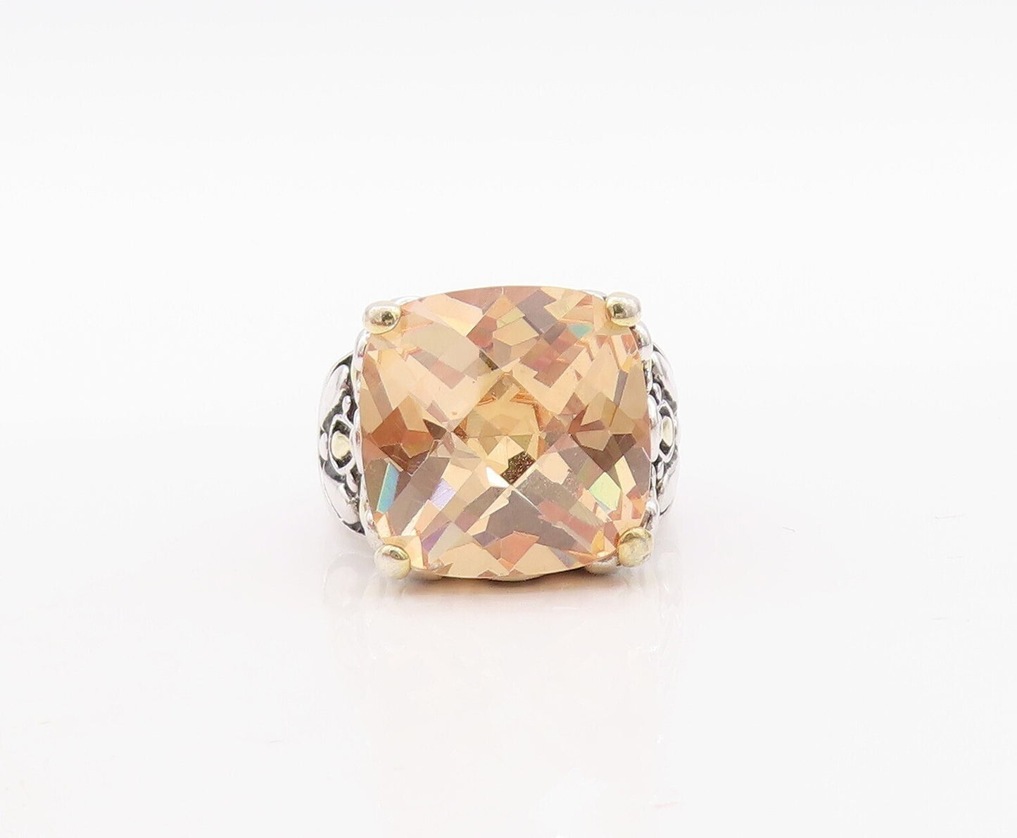 925 Sterling Silver Vintage Ring Floral Carved Square Morganite  Sz 8.5  RG31436