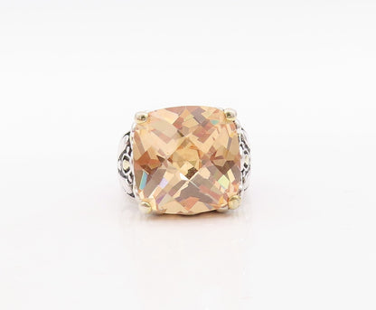 925 Sterling Silver Vintage Ring Floral Carved Square Morganite  Sz 8.5  RG31436