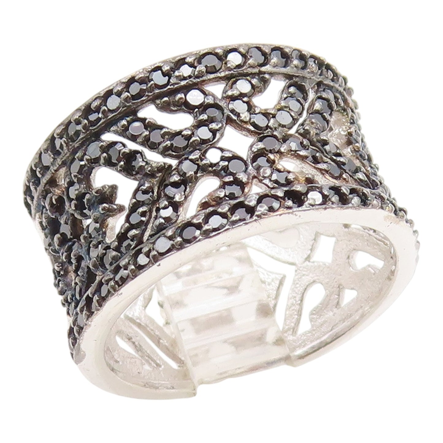 925 Sterling Silver Vintage Ring Spinel Openwork Floral Wide Band  Sz 7  RG35236