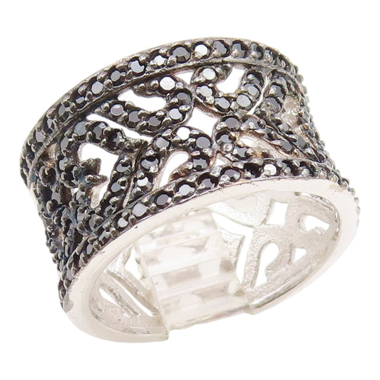 925 Sterling Silver Vintage Ring Spinel Openwork Floral Wide Band  Sz 7  RG35236