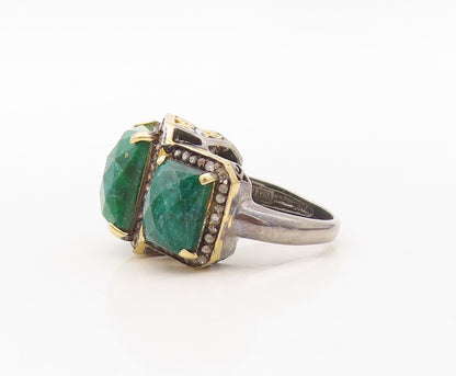 925 Sterling Silver Vintage Ring Diamonds Frame Green Gemstones  Sz 7.5  RG30230