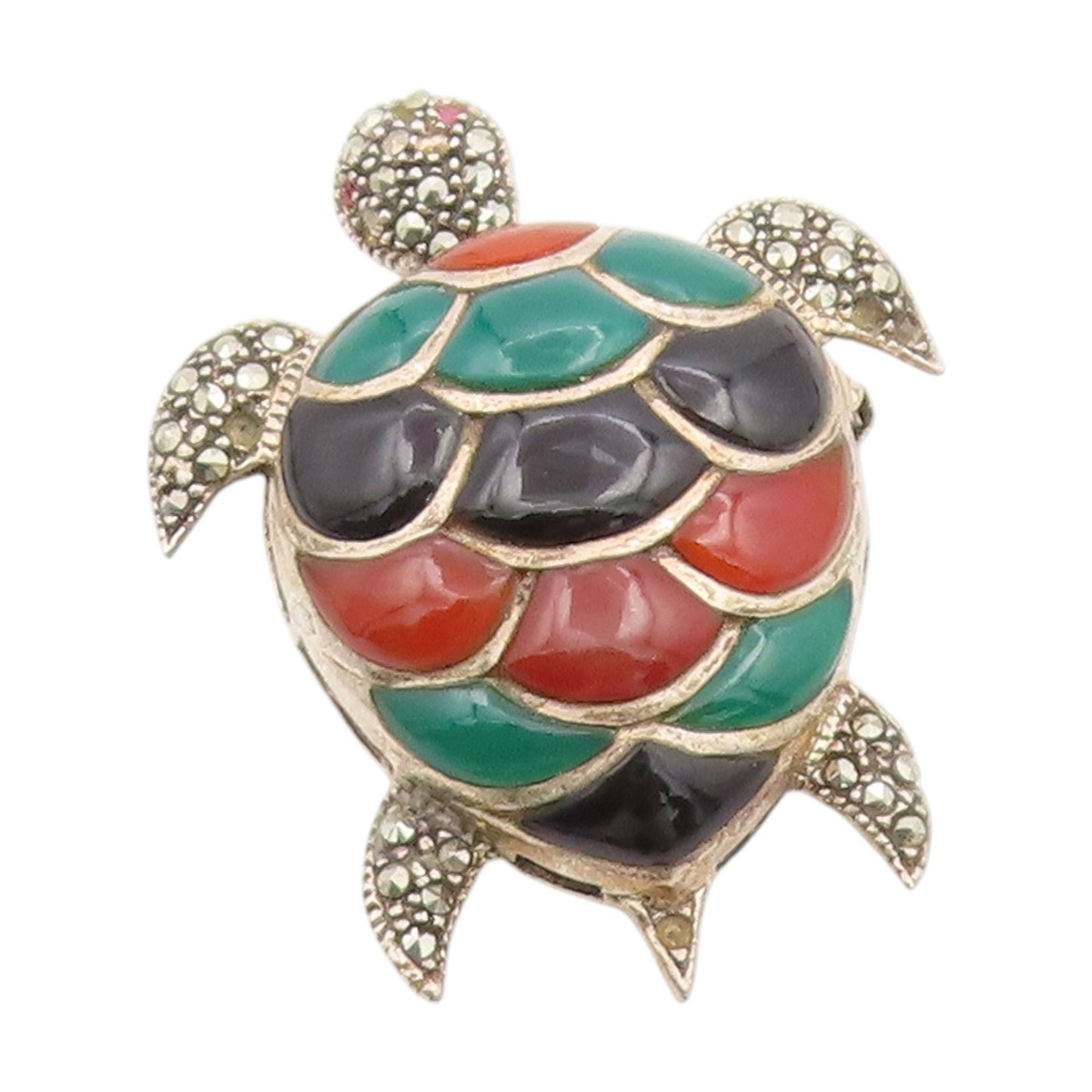 925 Sterling Silver Vintage Brooch Pin Multi Gemstone Turtle Charm  BP12276