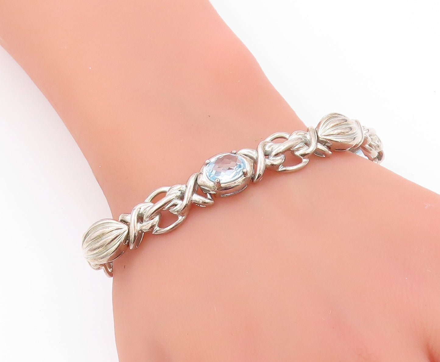 925 Sterling Silver Vintage Bracelet Oval Topaz Knotted Links Cutout  BT11199