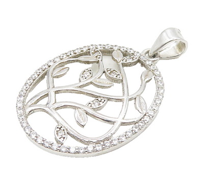 925 Sterling Silver  Shiny White Topaz Floral Vine Motif Pendant  PT14617