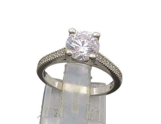 925 Sterling Silver  Vintage Shiny Cubic Zirconia Solitaire Ring Sz 6  RG22737