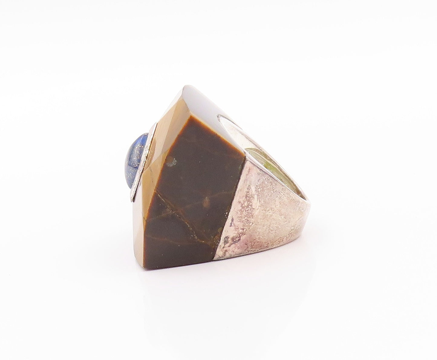 925 Sterling Silver Vintage Ring Tiger's Eye Square Lapis Lazuli  Sz 5  RG32622
