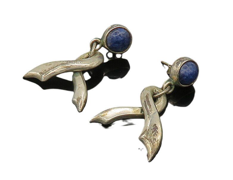 MEXICO 925 Sterling Silver  Vintage Sodalite Ribbon Dangle Earrings  EG10510