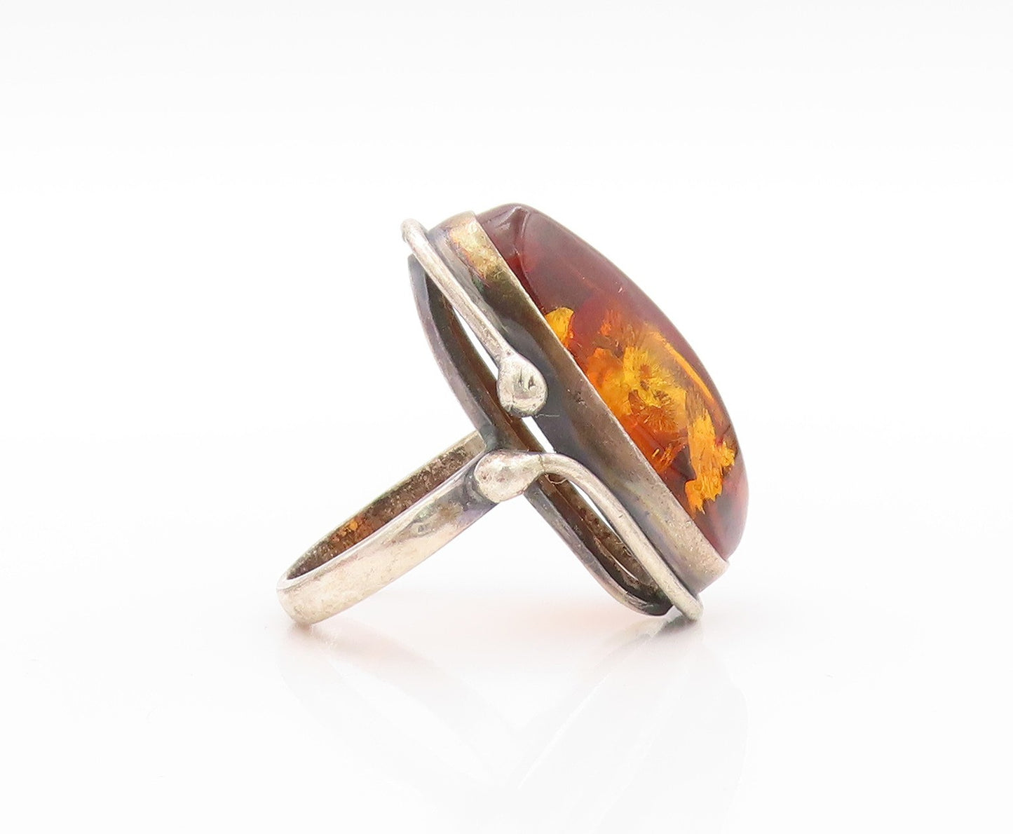 925 Sterling Silver Vintage Ring POLAND Amorphas Large Honey Amber  Sz 8 RG32716