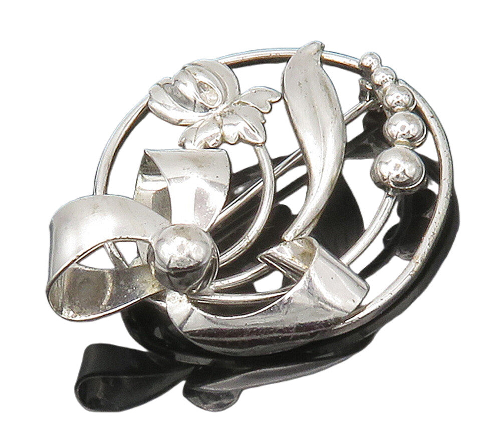 CARL ART 925 Sterling Silver  Shiny Shiny Floral Ribbon Brooch Pin  BP6078