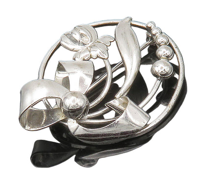 CARL ART 925 Sterling Silver  Shiny Shiny Floral Ribbon Brooch Pin  BP6078