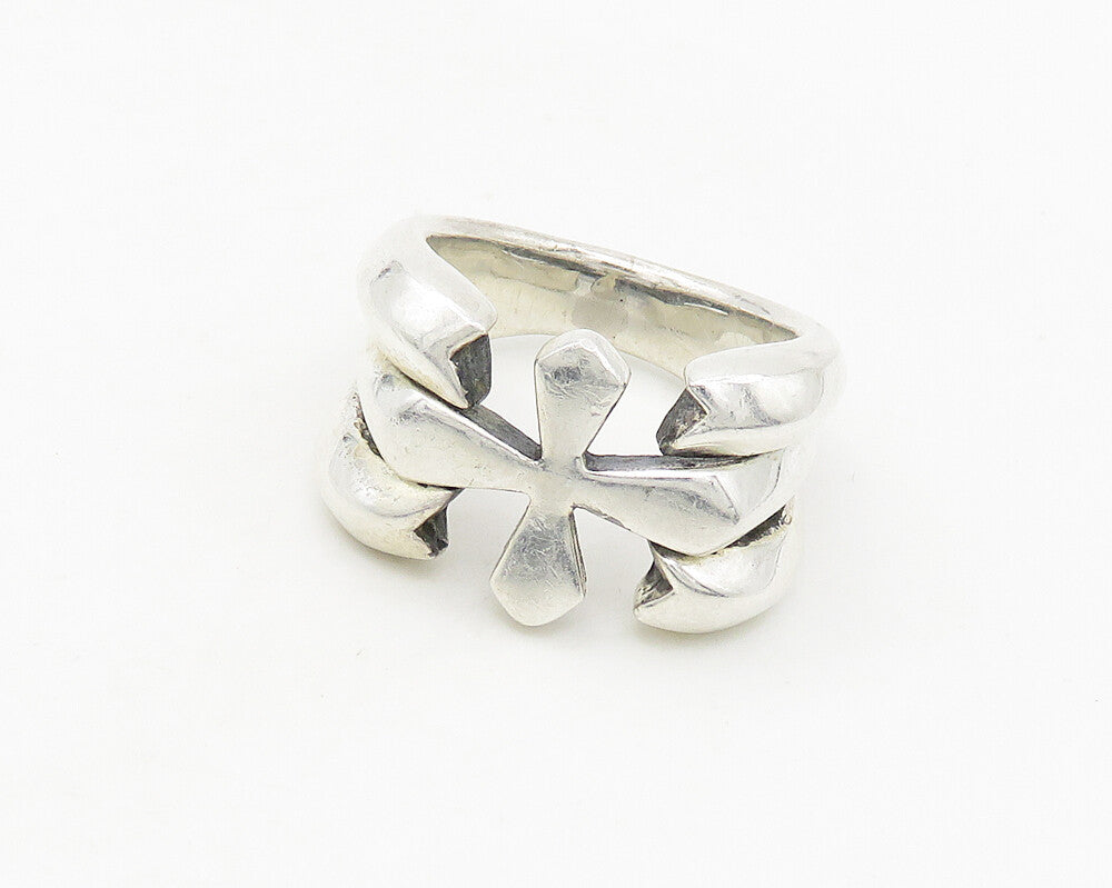 925 Sterling Silver  Vintage Shiny Cross Split Large Band Ring Sz 11  RG18731