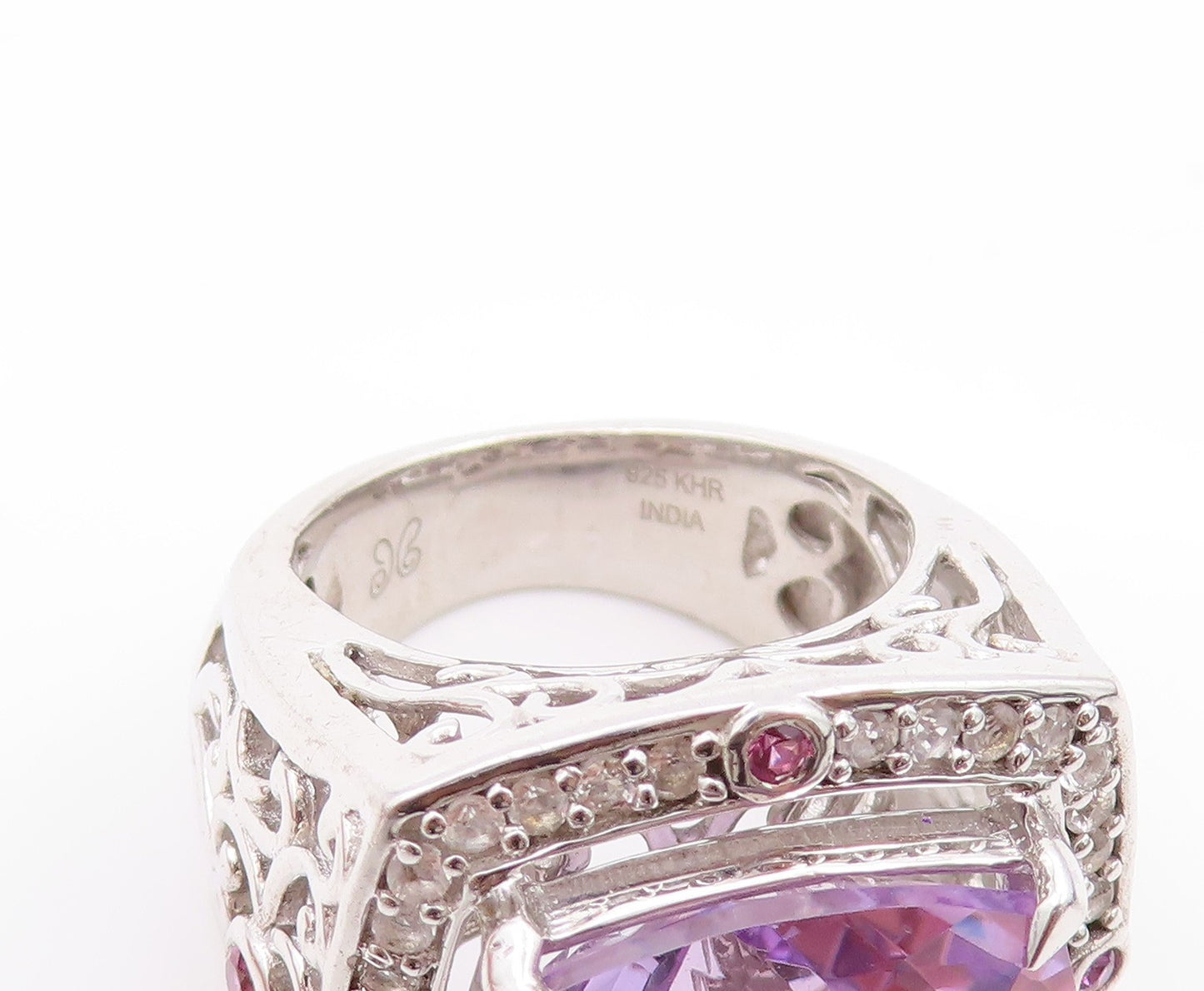 925 Sterling Silver Vintage Ring Large Amethyst Halo Sapphire  Sz 5  RG32512