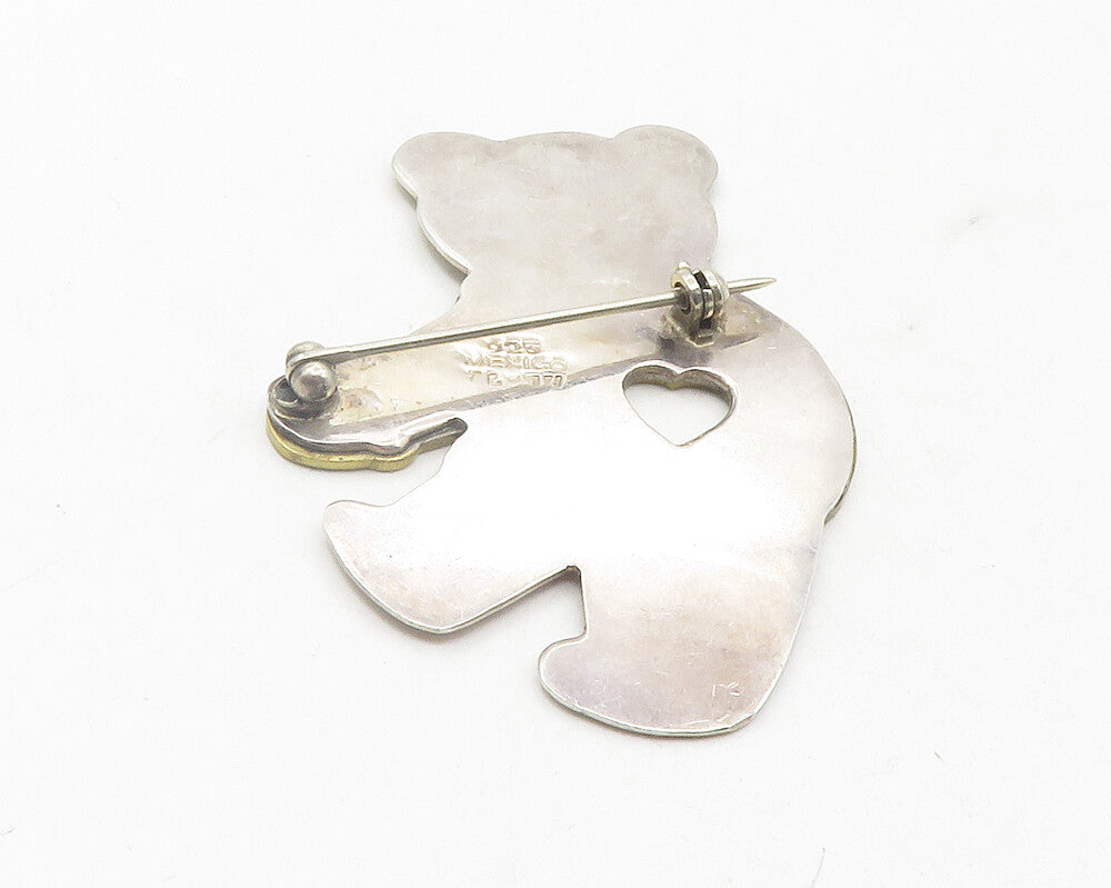 MEXICO 925 Silver  Vintage Two Tone Teddy Bear Love Heart Brooch Pin  BP4436