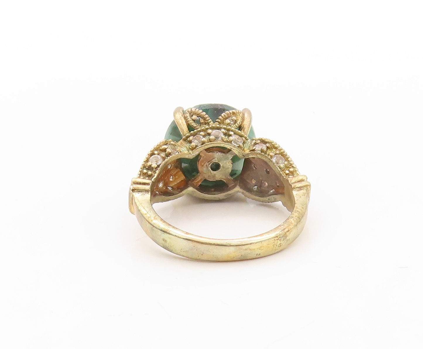 925 Sterling Silver Vintage Ring Gold Plated Green Gemstone & CZ  Sz 6  RG30806