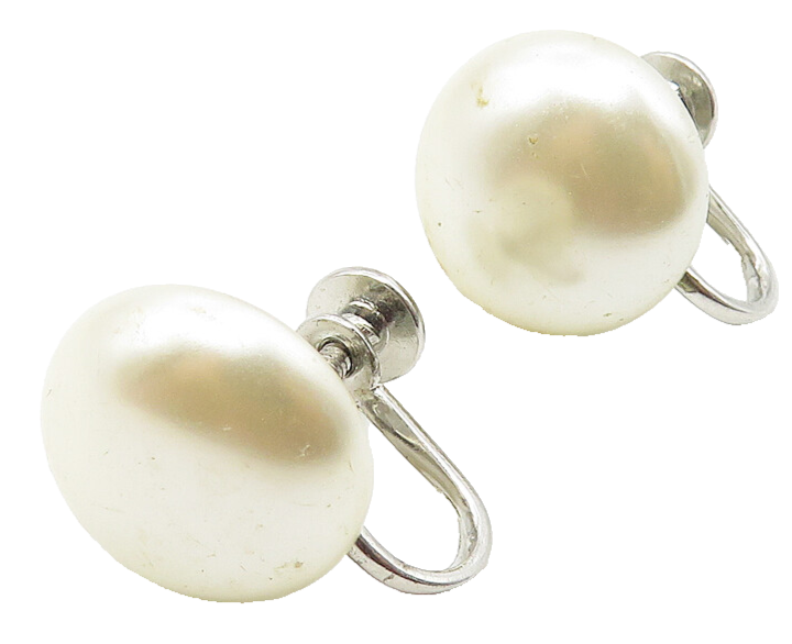 925 Sterling Silver  Shiny Button Pearl Non Pierce Screw Back Earrings  EG5838