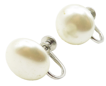 925 Sterling Silver  Shiny Button Pearl Non Pierce Screw Back Earrings  EG5838