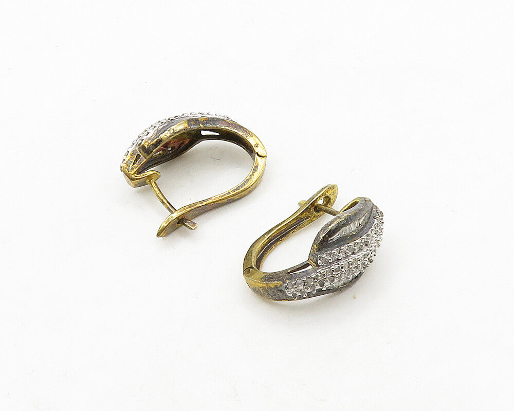 925 Sterling Silver  Vintage Genuine Diamonds 2 Tone Hoop Earrings  EG9734