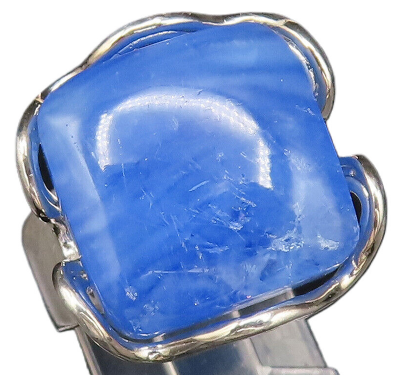 925 Silver  Vintage Unique Water Blue Agate Wavy Frame Ring Sz 7  RG26093