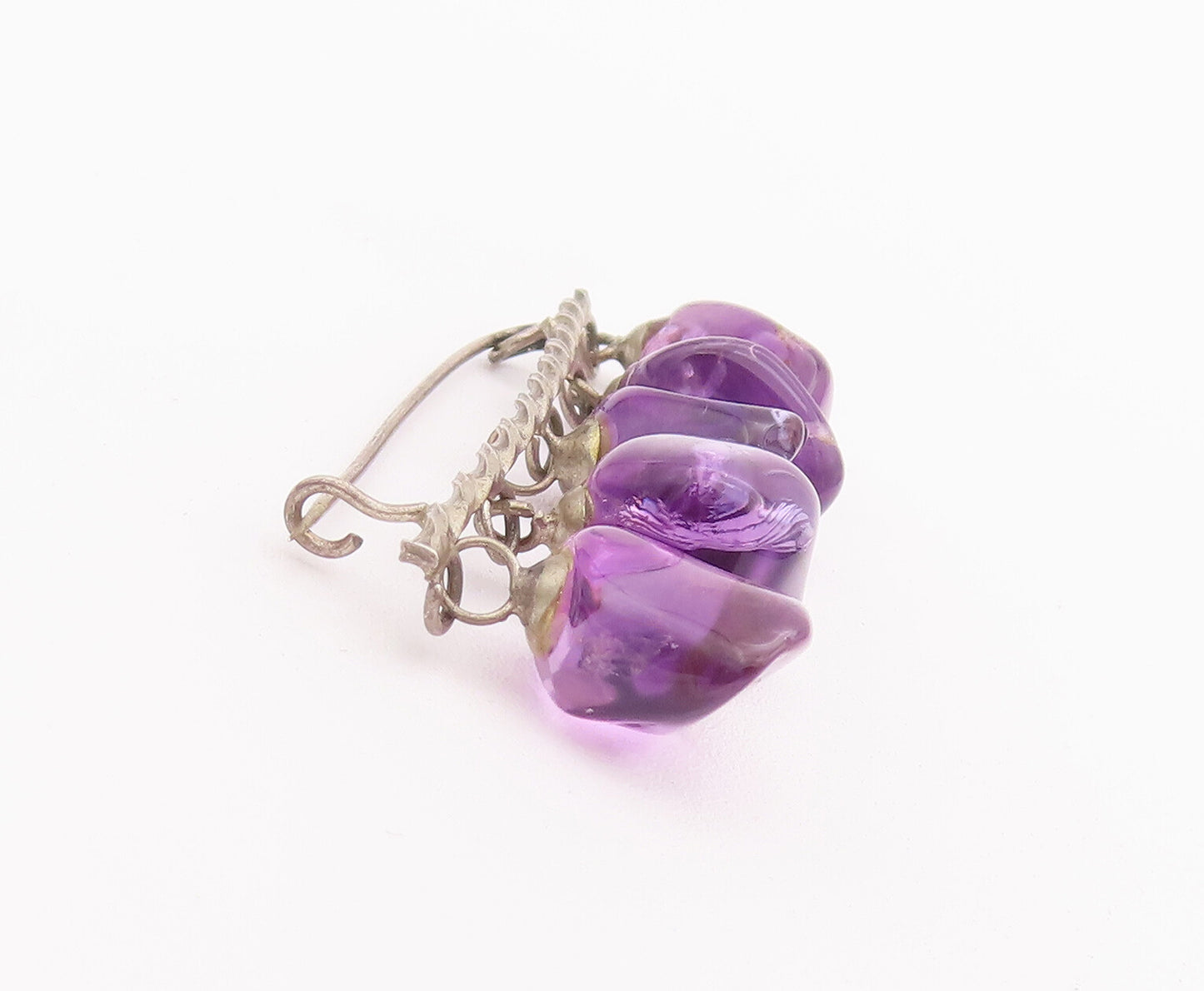 925 Sterling Silver Vintage Brooch Pin Dangling Amethyst Amorphous beads BP10772