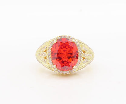 925 Sterling Silver Vintage Ring Gold Plated Oval Red & White CZ  Sz 7  RG29769