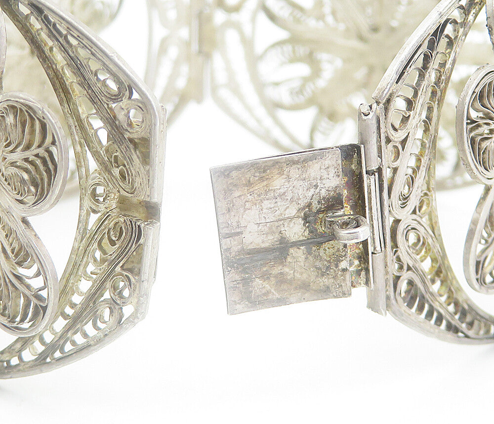 MEXICO 925 Sterling Silver  Vintage Filigree Flower Panel Bracelet  BT3405