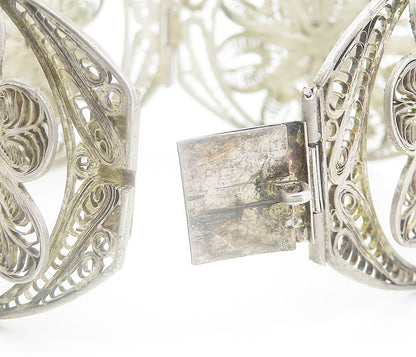MEXICO 925 Sterling Silver  Vintage Filigree Flower Panel Bracelet  BT3405