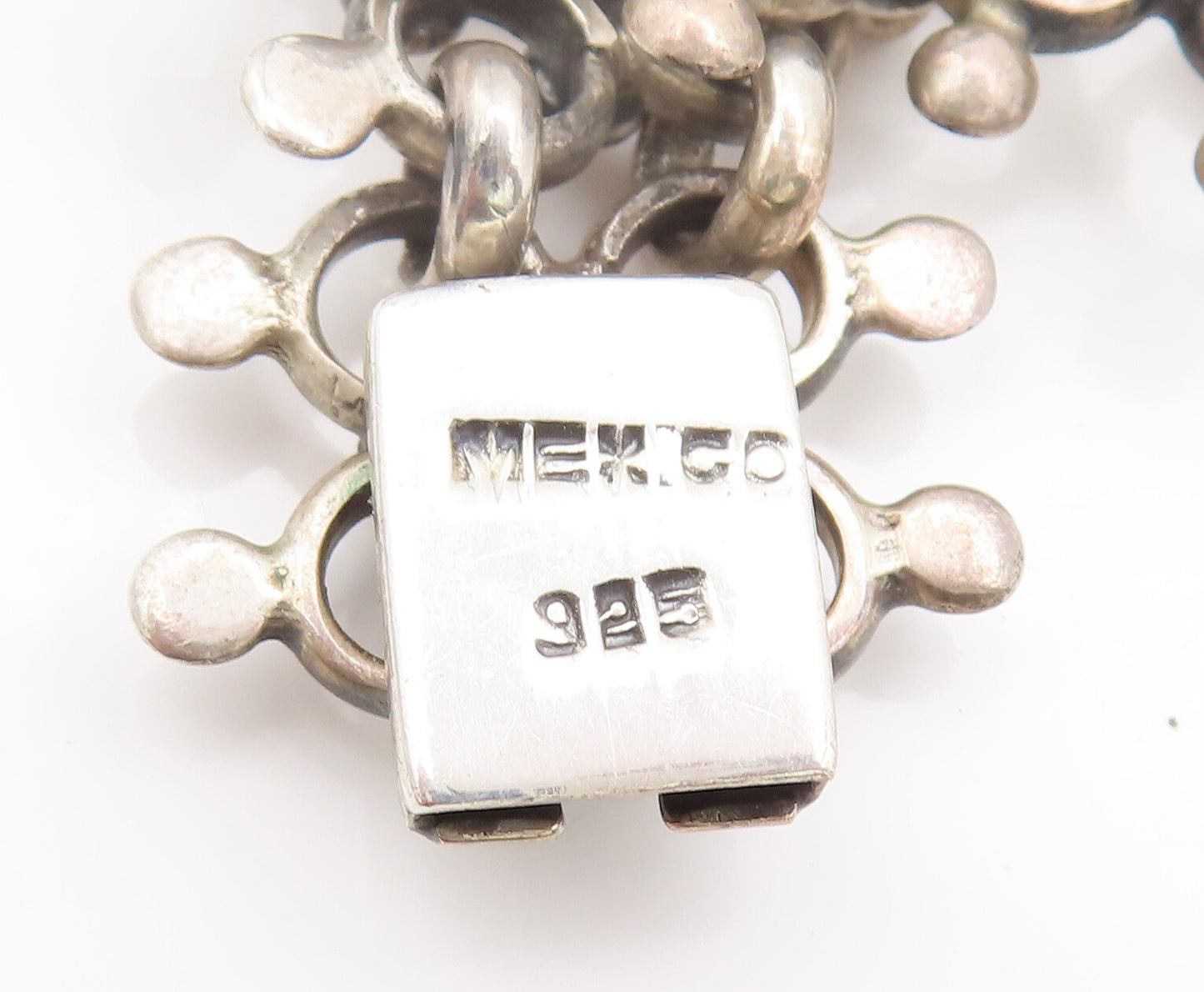 MEXICO 925 Silver  Vintage Beaded Ring Link Double Chain Necklace  NE4052