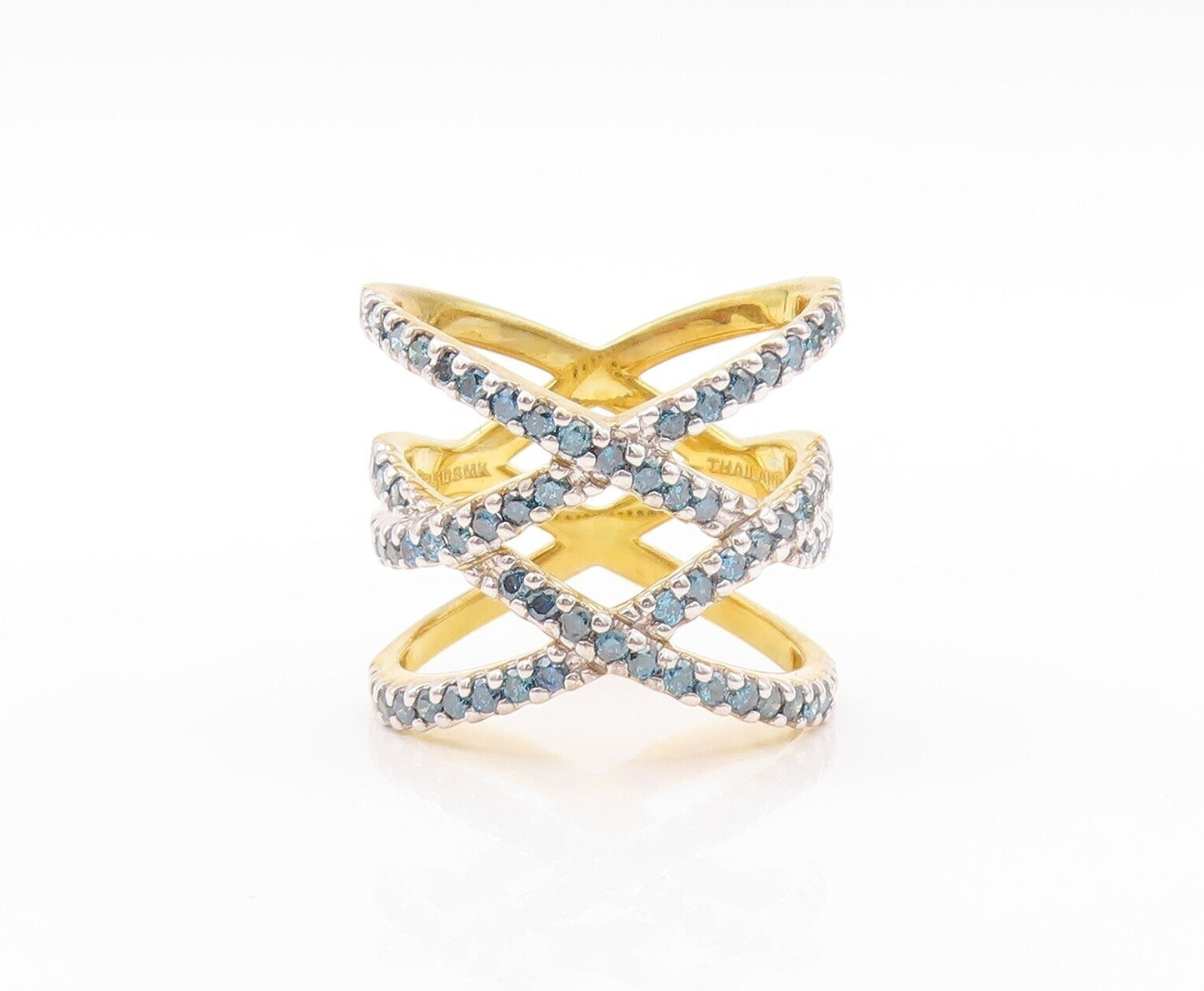925 Sterling Silver Vintage Ring Gold Plated Cutout Blue Diamonds Sz 7.5 RG30808