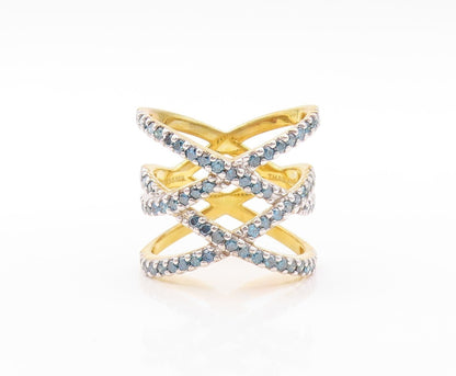 925 Sterling Silver Vintage Ring Gold Plated Cutout Blue Diamonds Sz 7.5 RG30808