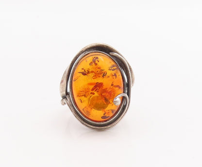 925 Sterling Silver Vintage Ring POLAND Cabochon Honey Amber  Sz 8.5  RG28690