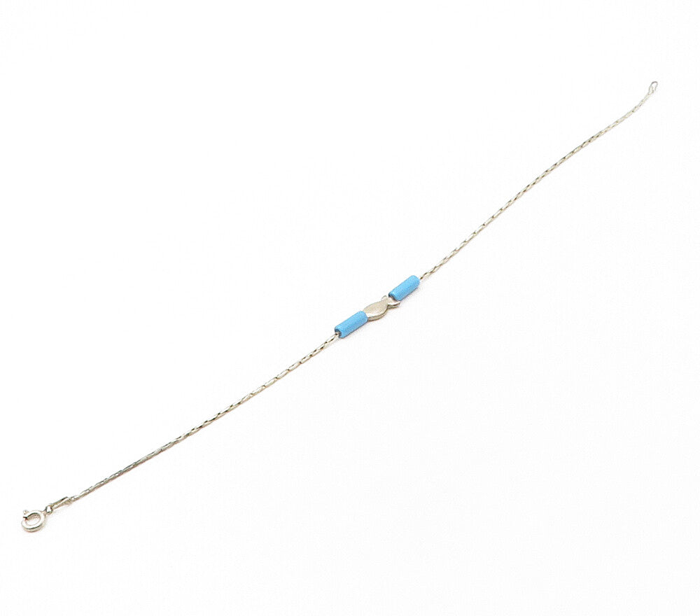 925 Sterling Silver  Vintage Turquoise Barrel Bead Fish Chain Bracelet  BT6567