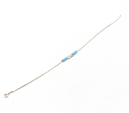 925 Sterling Silver  Vintage Turquoise Barrel Bead Fish Chain Bracelet  BT6567