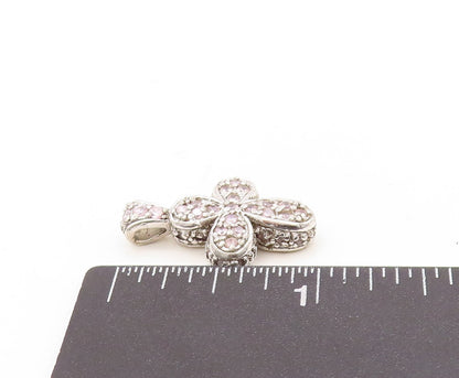 925 Sterling Silver Vintage Pendant 4 Petal 2 Tone Topaz Inlay Flower  PT23598