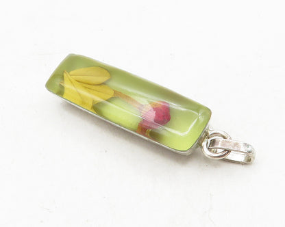 925 Sterling Silver  Vintage Petite Single Flower Glass Art Pendant  PT7389