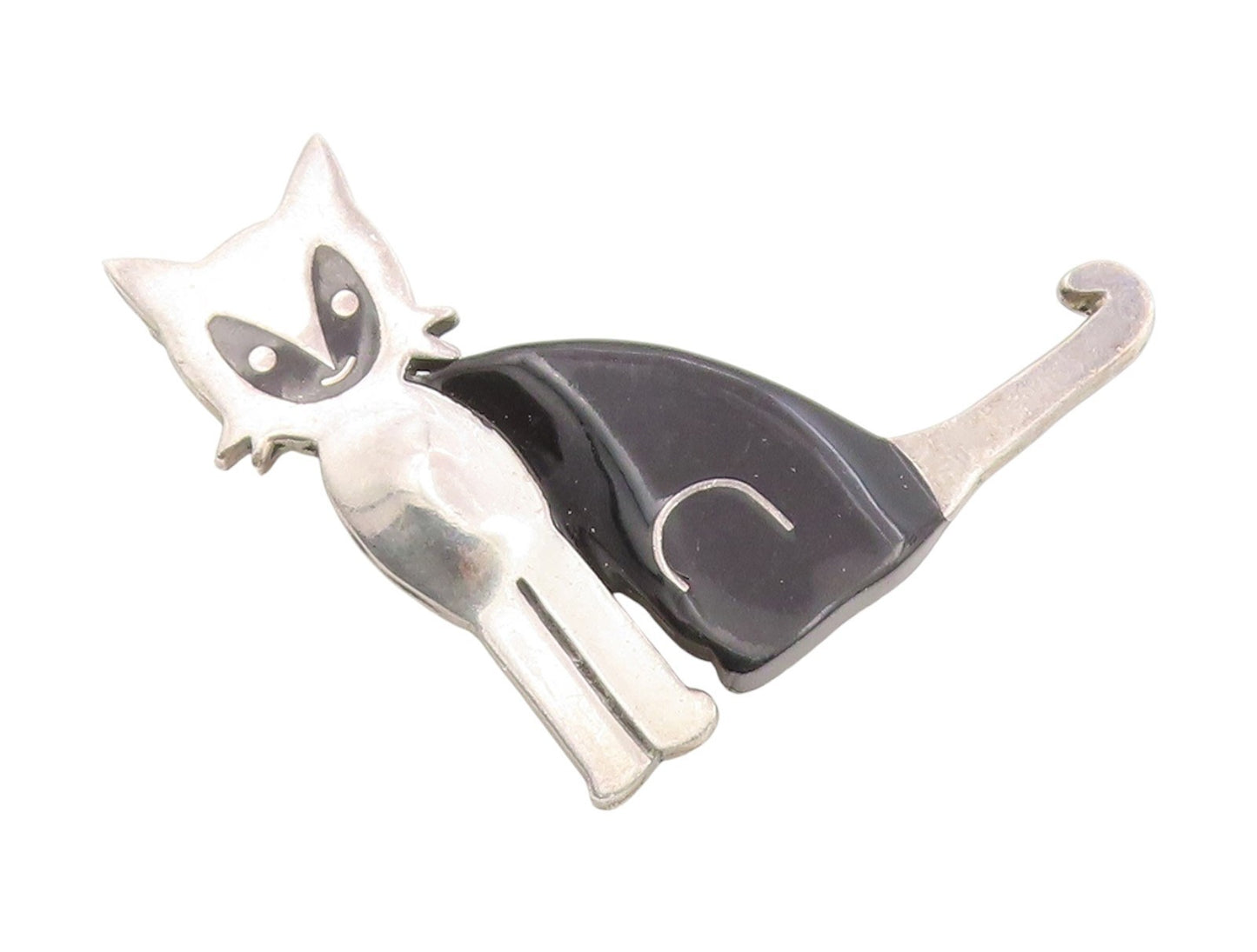 925 Sterling Silver Vintage Brooch Pin MEXICO Onyx Modernist Walking Cat BP12263