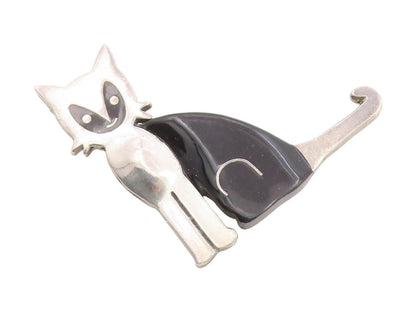 925 Sterling Silver Vintage Brooch Pin MEXICO Onyx Modernist Walking Cat BP12263