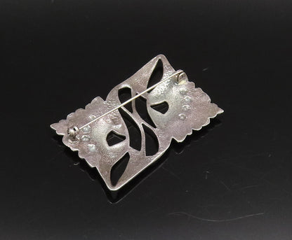 925 Silver  Vintage Antique Openwork Double Flower Rectangle Brooch Pin BP9998