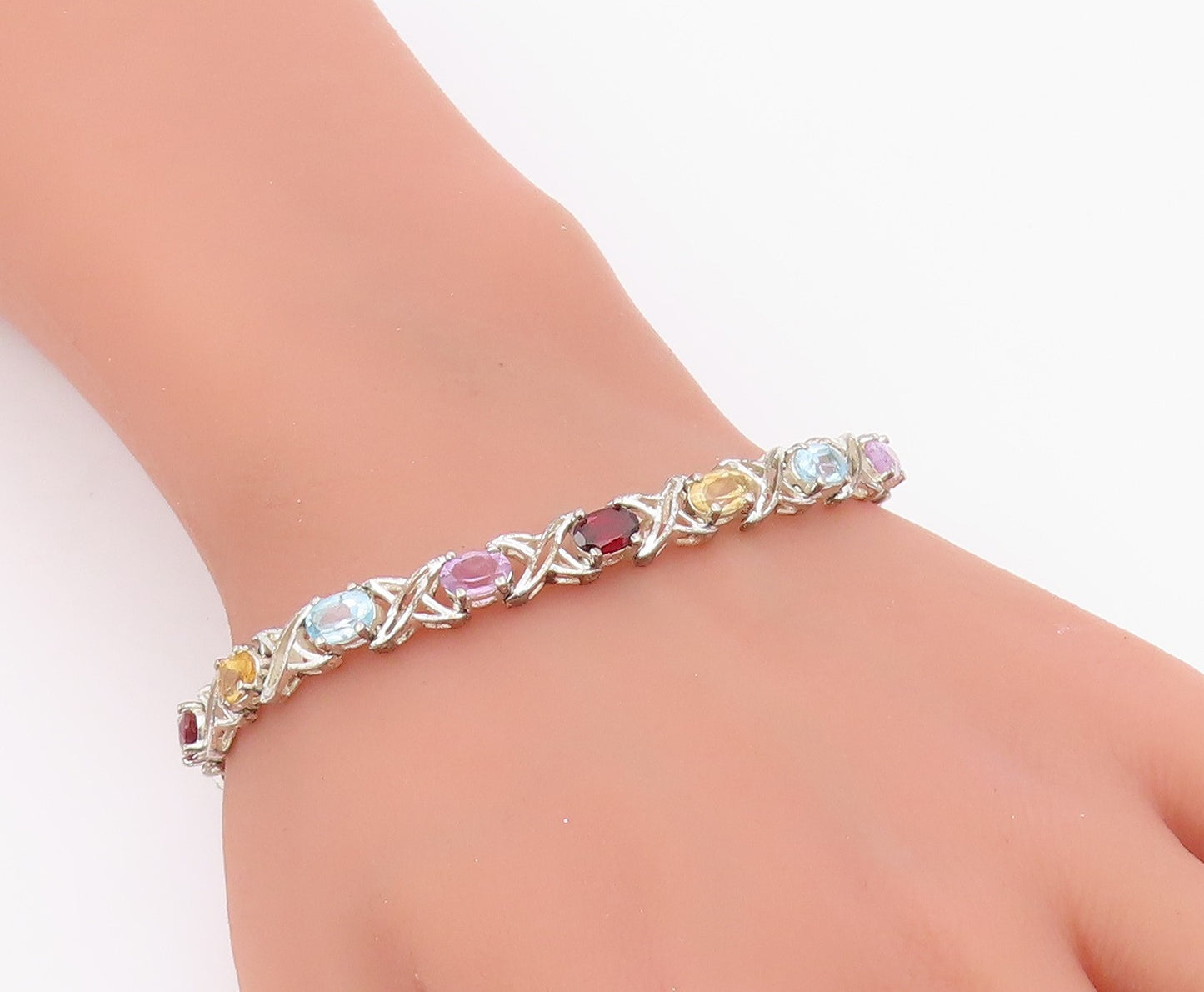 925 Silver  Vintage Topaz Garnet Citrine & Amethyst Chain Bracelet  BT8319